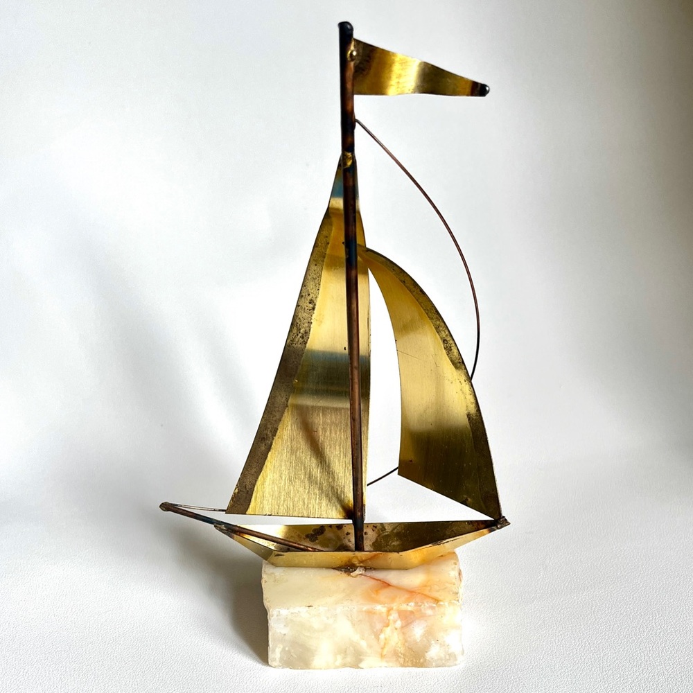 MCM Brass Sailboat Sculpture Nautical Statue Sailing Art Onyx California Yosi - Picture 4 of 9
